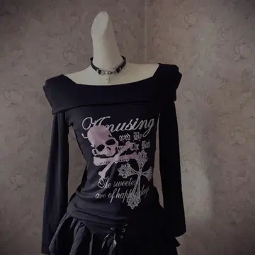 헤이세이 갸루 스컬 프린트 오프숄더 긴팔 T셔츠 Y2K 그런지