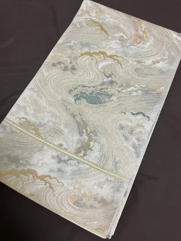 순수 실크 후쿠로 오비 니시진 파문 금은박 육통 무늬