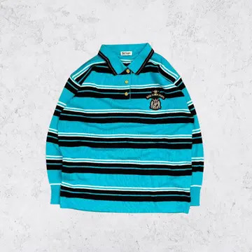 보더 니트 폴로 로고 자수 골드 버튼 스카이블루 터콰이즈 블루