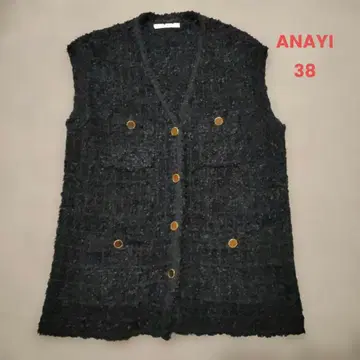 아나이 ANAYI 블랙 트위드풍 롱베스트 V넥 골드 버튼 38