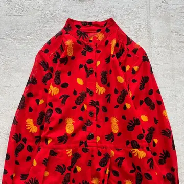 쇼와 레트로 레드 파인애플 패턴 긴팔 롱 원피스 올 패턴 프리 사이즈