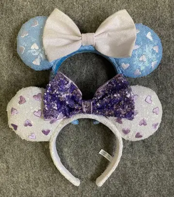 디즈니 머리띠 스팽글 하트 스카이블루 화이트 퍼플 리본 2개