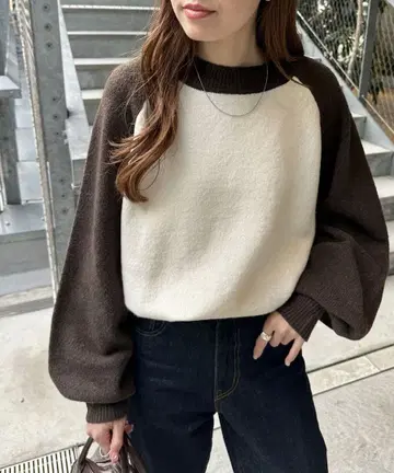 디스코트 배색 래글런 니트 풀오버 브라운 아이보리 상의