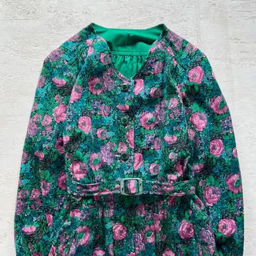 쇼와 레트로 핑크 꽃무늬 롱 원피스 그린 벨트 포함 아트풍 프리 사이즈