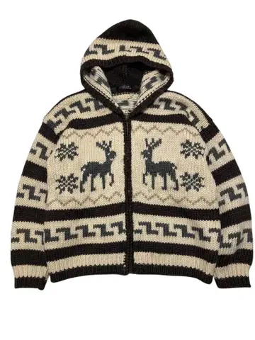 UNIQUE 카우친 스웨터 루돌프 무늬 후드 부착 집업 L 사이즈