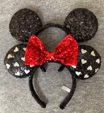 디즈니 머리띠 스팽글 하트 리본 블랙 미키미니 페어