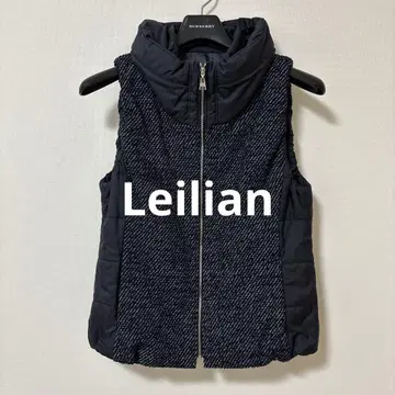 Leilian 이소재 절개 네프 트위드 베스트 충전솜 집업 네이비