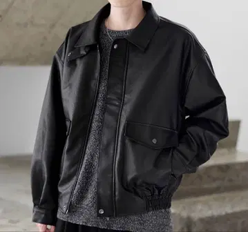 빈티지 가공 PU 인조 가죽 A-2 숏 블루종 블랙