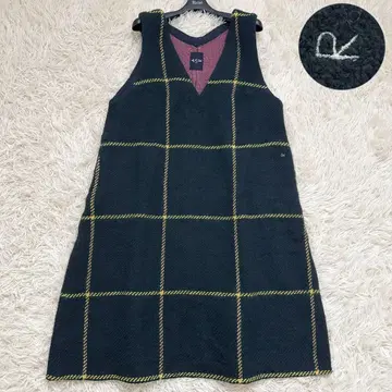 45R 울 트위드 체크 무늬 오버롤 스커트 로고 자수 그린 L