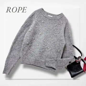로페 비쥬 장식 니트 풀오버 그레이 울 화려함 고급 성숙/러블리