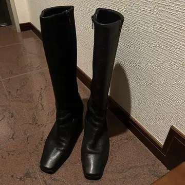 블랙 가죽 롱 부츠 중간 힐 블랙