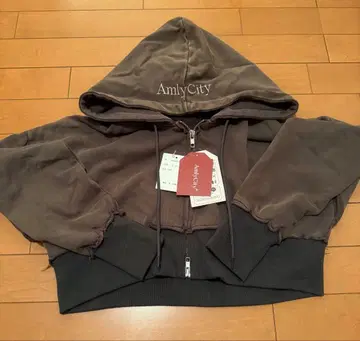 AmlyCity 더블 지퍼 숏 후디 카키 그레이