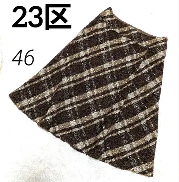 23구 46 XL 트위드 플레어 스커트 울 브라운 체크 무늬 빅 사이즈