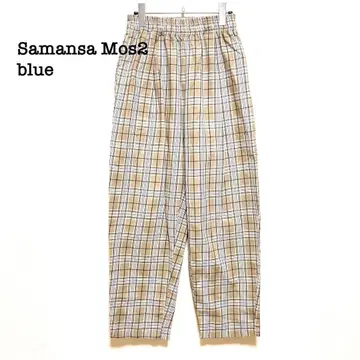 사만다 모스모스 블루 테이퍼드 팬츠 와이드 체크 베이지 허리밴딩