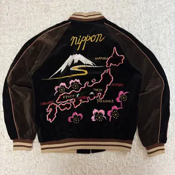 새상품 벨벳  스카잔 매 와풍 일본 지도 자수 블랙 x 브라운