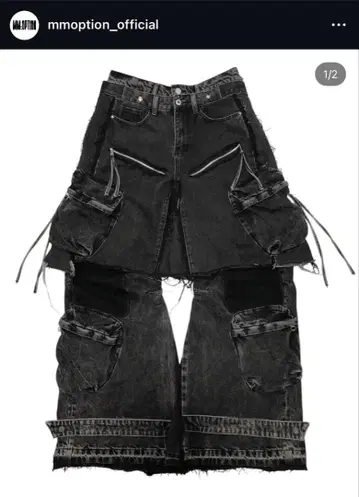 mmoption 스트링 카고 블랙 데님 팬츠