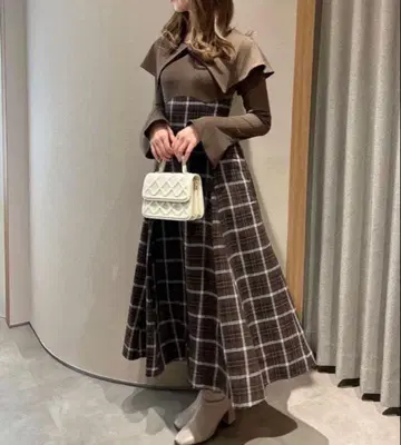 dazzlin 빅 컬러 체크 코르셋 원피스 브라운 M