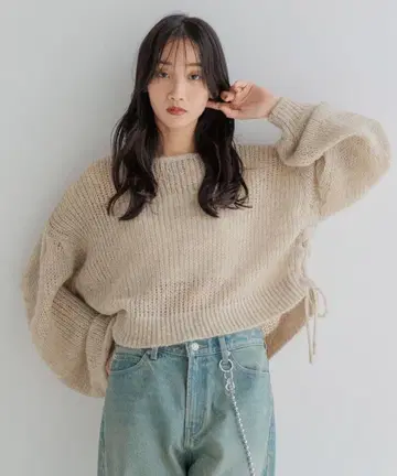 베이지 오버 사이즈 니트 긴팔 LOWRYSFARM 로리즈팜