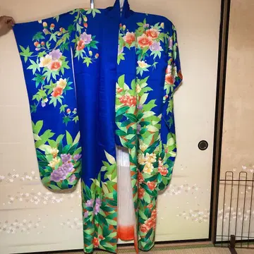 후리소데 파랑 꽃무늬 실크 소재