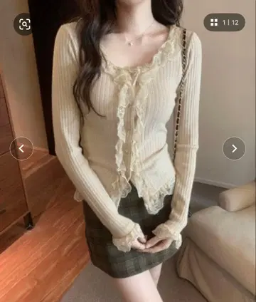 by muni:r 레이스 U넥 리브 니트 가디건