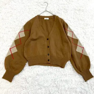 로리즈팜 니트 가디건 V넥 브라운 아가일 무늬