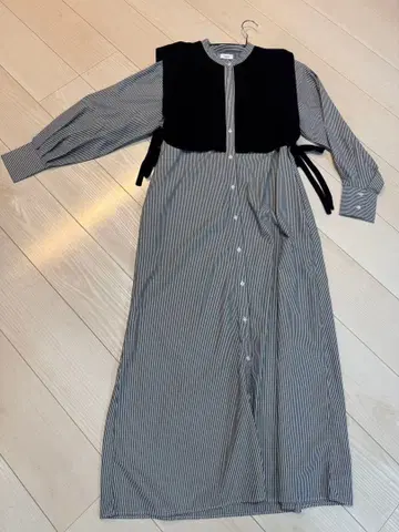 스트라이프 버튼 롱 원피스