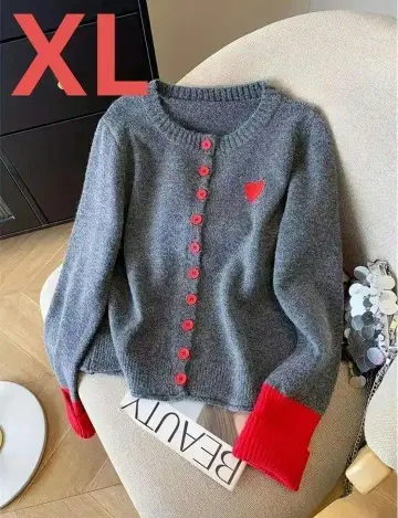 귀여운 2 그레이/빨간색 하트 자수 가디건 XL 멋쟁이