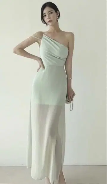 RANS 민트 그린 원 숄더 롱 드레스