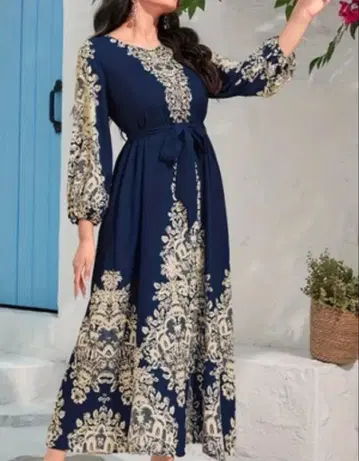 네이비 x 베이지 클래시컬 패턴 롱 원피스 XL