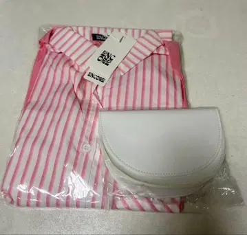 ENCORE 리본 스트라이프 셔츠 S 핑크 웨스트 파우치