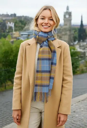 [ 새상품 ] 캐시미어 타탄 체크 스카프 파랑과 옐로우 컬러
