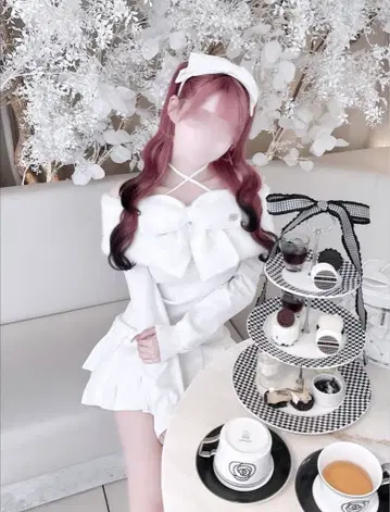 HONEY MEW 빅 리본 크로스 오프숄더 원피스 화이트