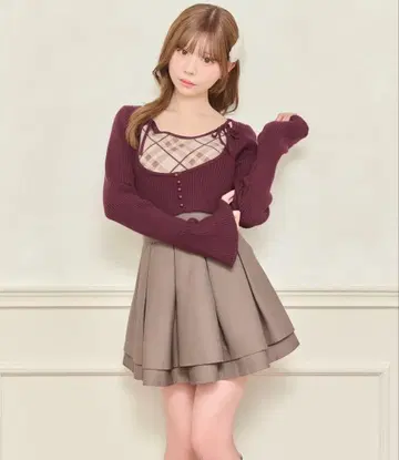 모듬 니트 앙상블 버건디 긴팔 니트 체크 무늬 이너