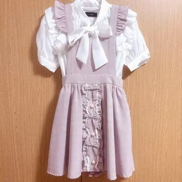 Ank Rouge 핑크 체크 점프스커트 프릴 리본 펄 양산형