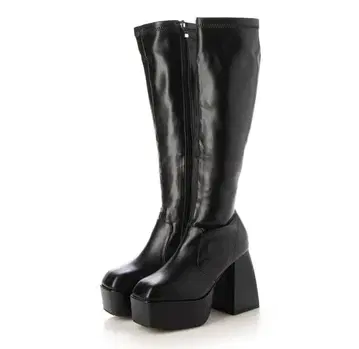 블랙 합성 피혁 롱 부츠