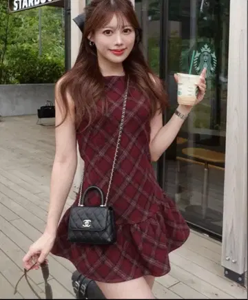 Darich 타탄 체크 슬리브리스 미니 원피스 FL 보르도
