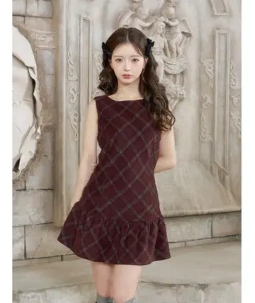 Darich 타탄 체크 슬리브리스 미니 원피스 FL 보르도