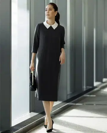 두클라쎄 이중직 카라 부착 원피스 블랙 6분 소매 13호 미사용