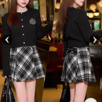 미셸 마카롱 레이스업 체크 플레어 스커트