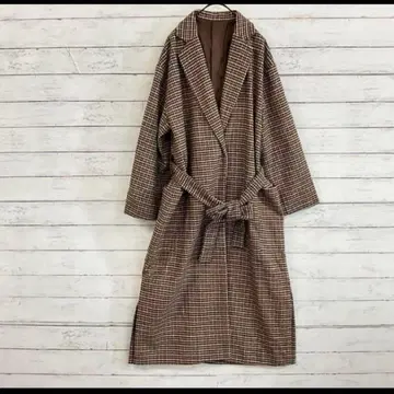 RETRO GIRL 체크 롱 코트 F 벨트 포함 체형 커버 브라운