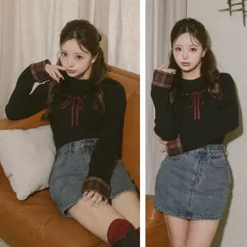 새상품 미개봉 Darich 체크 커프스 리본 니트탑 BLK