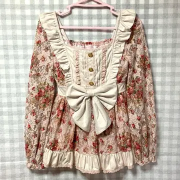 LIZLISA 레어 핑크 장미 패턴 리본 프릴 튜닉