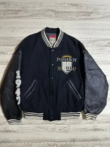 POSHBOY 포쉬보이 울 가죽 바시티 자켓 블랙