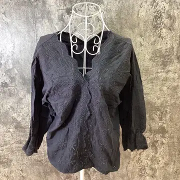 HUSHUSH 7부 소매 블라우스 자수 성숙/러블리 블랙(L)