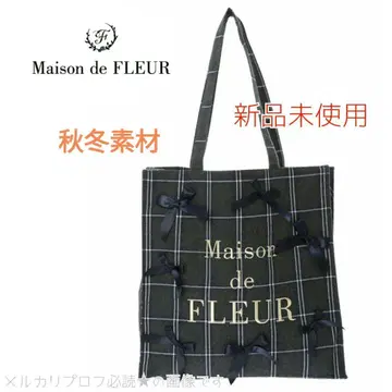 새상품 메종 드 플뢰르 체크 리본 스퀘어 토트백 네이비 숄더