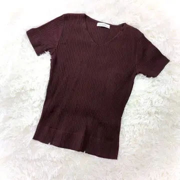 그린 라벨 릴랙싱 반팔 리브 니트 버건디 V넥 워셔블