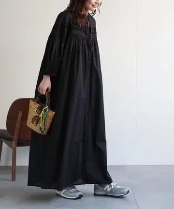 ap retro [인도 면] 핀턱 개더 플레어 셔츠 원피스