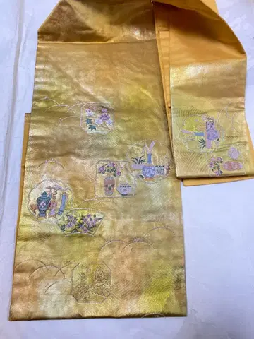 골드 컬러 나고야 오비 꽃 자수