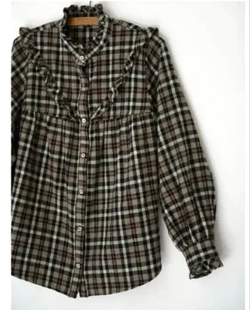 허그아워 넬 체크 프릴 스탠드 카라 블라우스