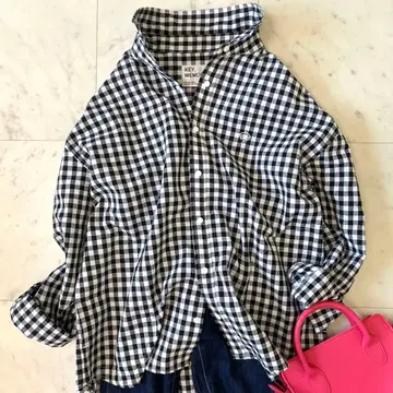 컨디션 최상 키 메모리 카마쿠라 깅엄 체크 셔츠 린넨 혼방 자수